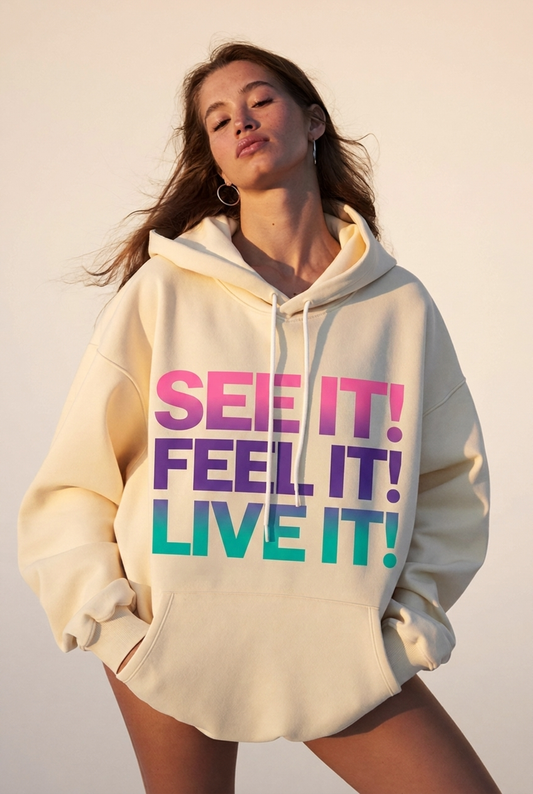 Coco Farmani SEE IT! FEEL IT! LIVE IT! Hoodie — Model Shot
